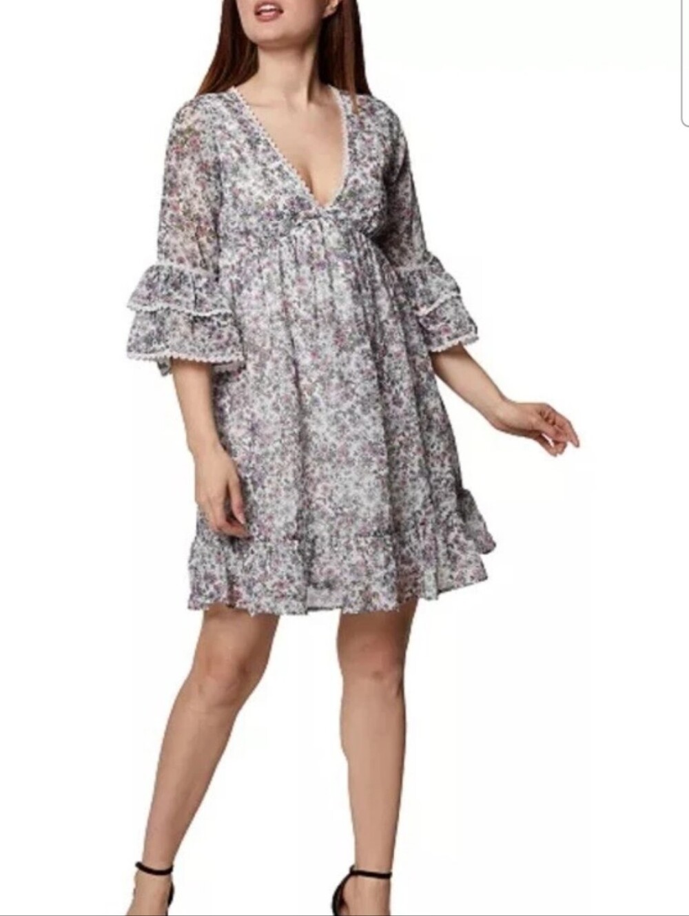 Floral V-Neck Ruffle Sleeve Mini Dress - White/Pink